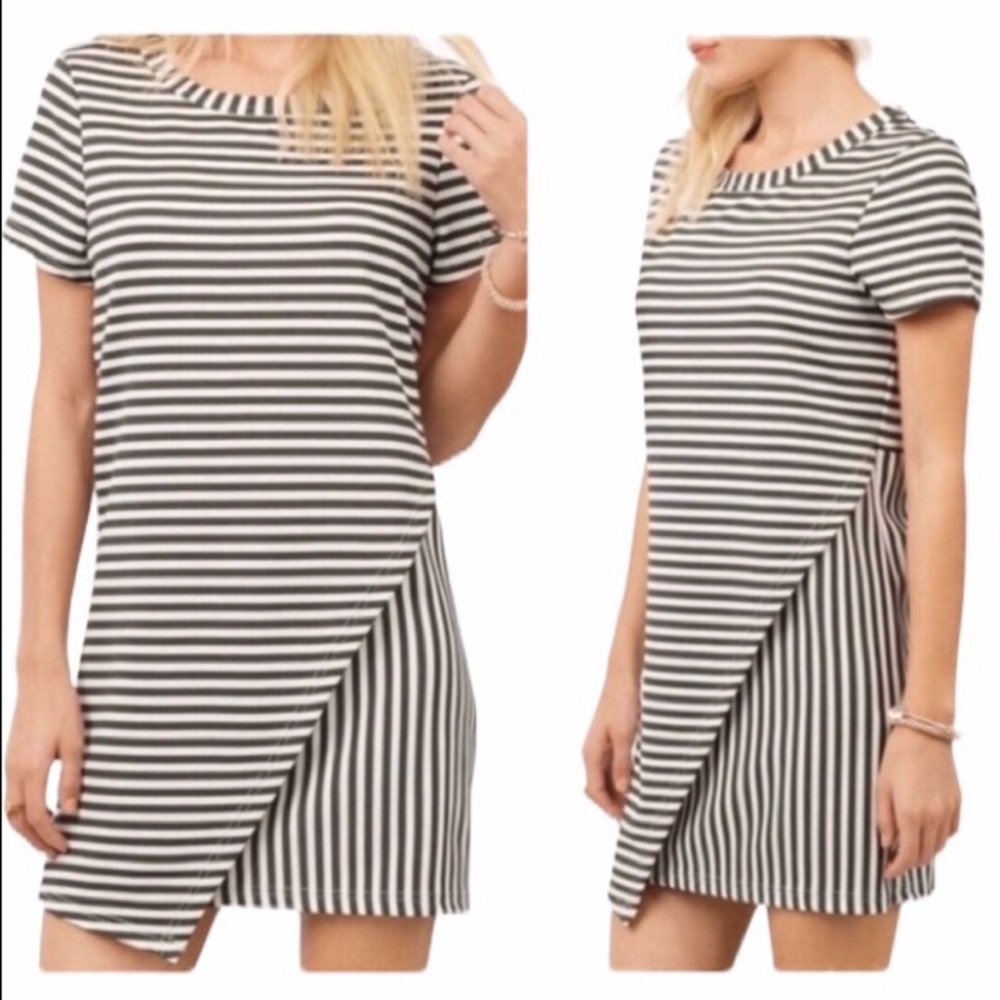 Tobi Green And White Striped Faux Wrap Skirt Short Sleeve Mini Dress Extra Small